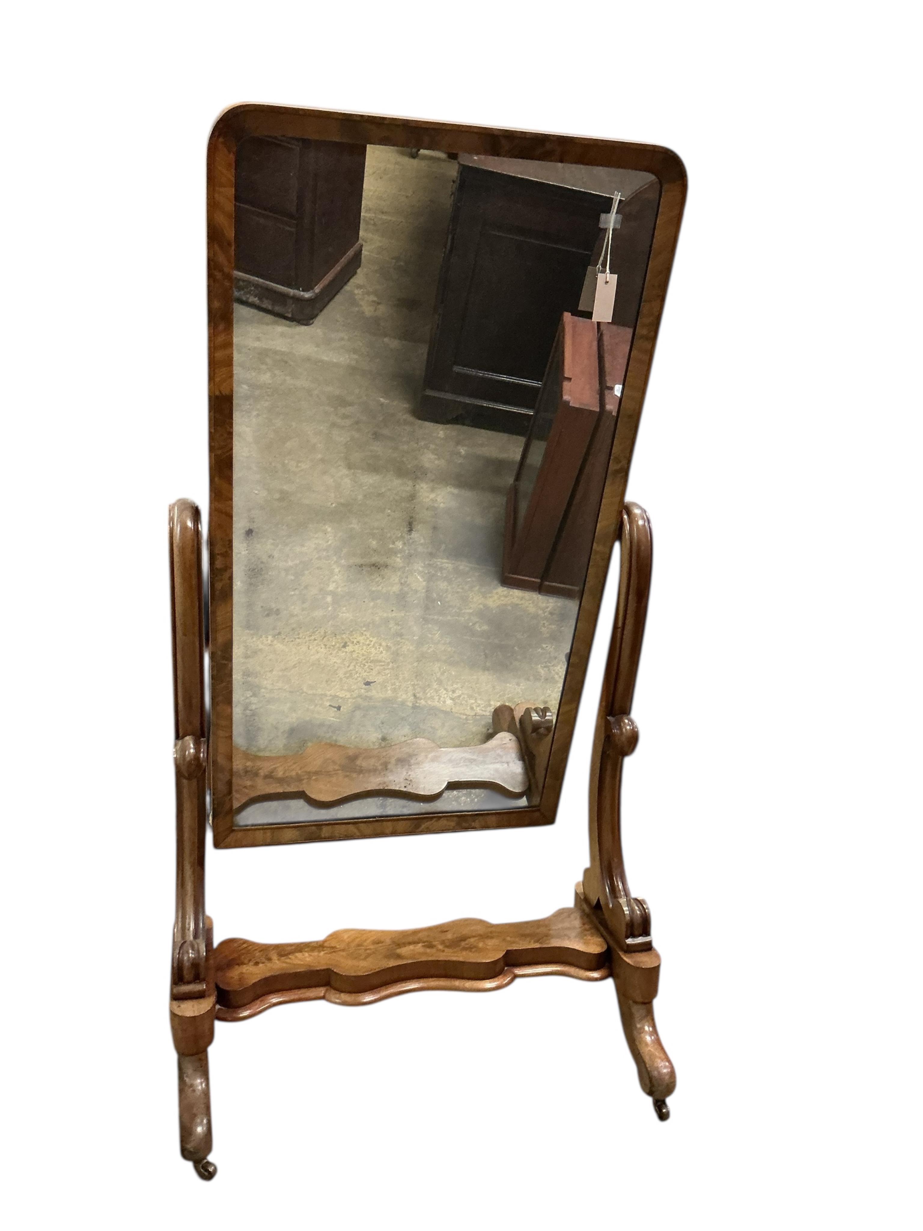 A Victorian mahogany cheval mirror, width 85cm, height 164cm